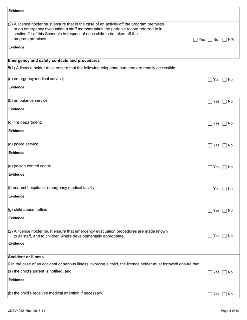 Form CDEV4032 Pre-school Program Inspection Report (Schedule 5 of the Child Care Licensing Regulation) - Alberta, Canada, Page 3