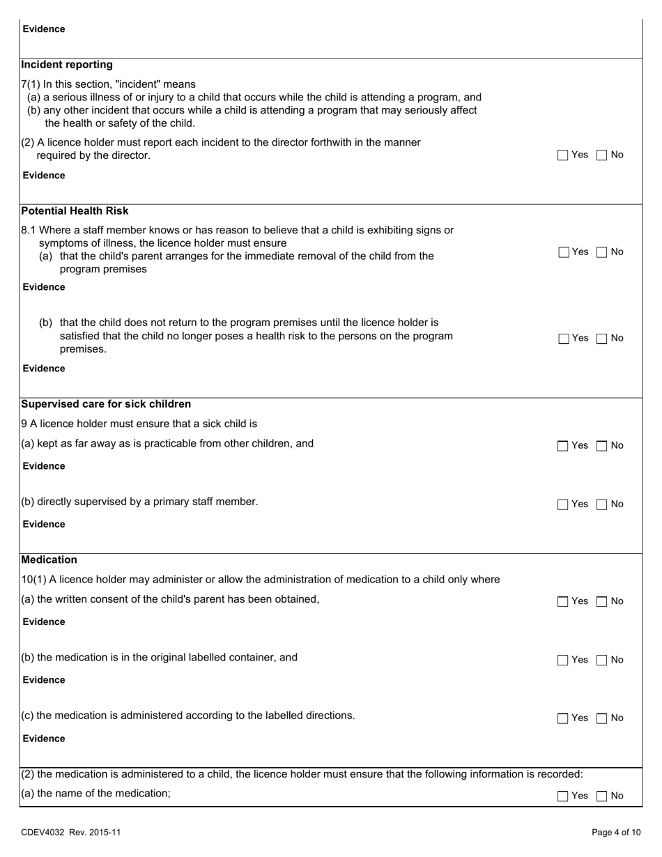 Form CDEV4032 Pre-school Program Inspection Report (Schedule 5 of the Child Care Licensing Regulation) - Alberta, Canada, Page 4