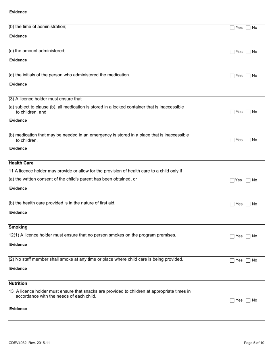Form CDEV4032 Pre-school Program Inspection Report (Schedule 5 of the Child Care Licensing Regulation) - Alberta, Canada, Page 5