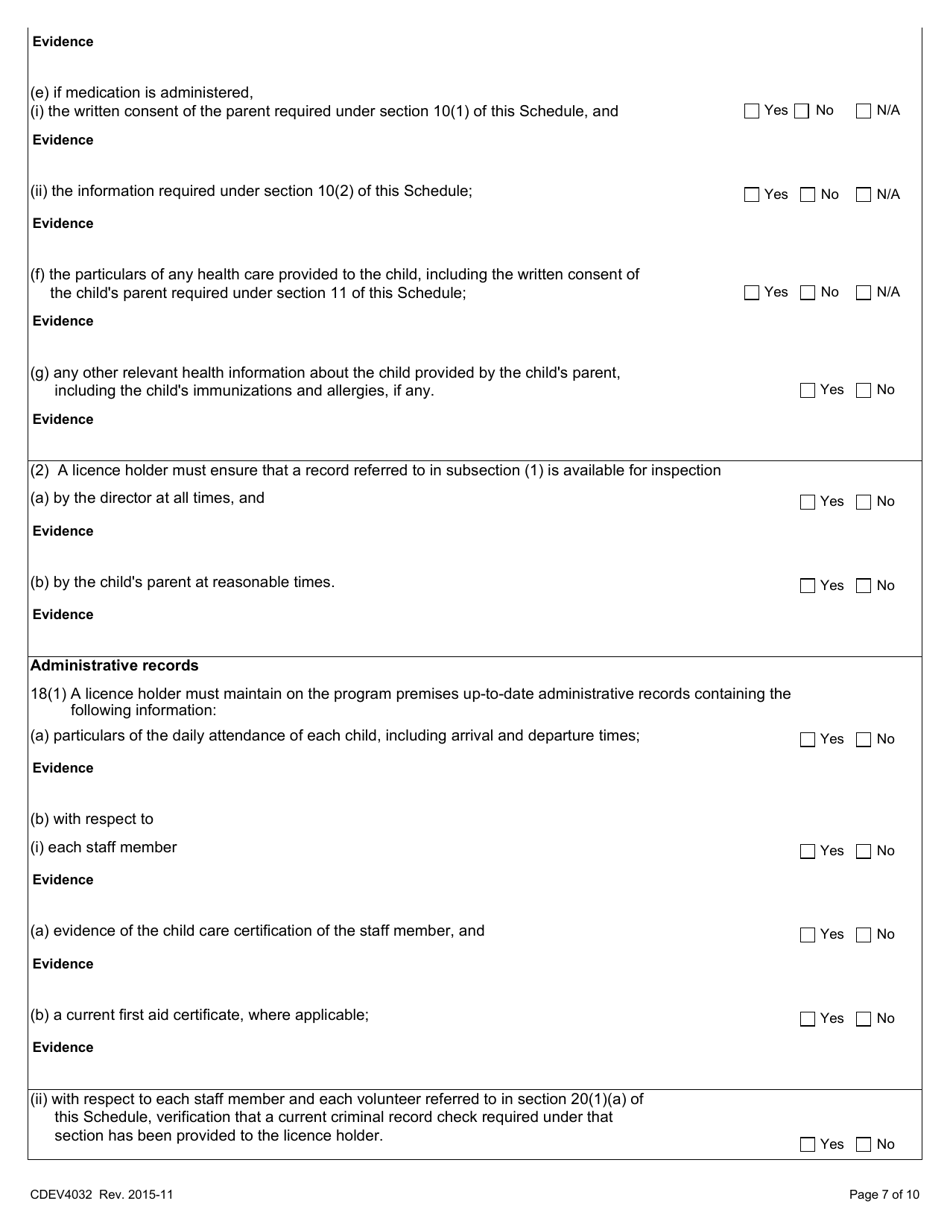 Form CDEV4032 Pre-school Program Inspection Report (Schedule 5 of the Child Care Licensing Regulation) - Alberta, Canada, Page 7