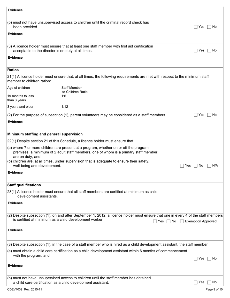 Form CDEV4032 Pre-school Program Inspection Report (Schedule 5 of the Child Care Licensing Regulation) - Alberta, Canada, Page 9
