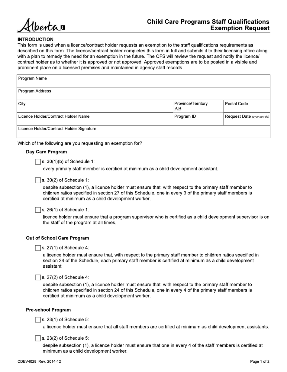 Form CDEV4028 Child Care Programs Staff Qualifications Exemption Request - Alberta, Canada, Page 1