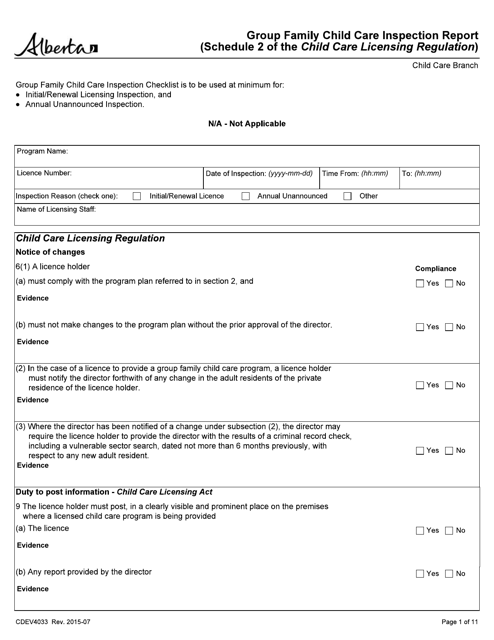 Form CDEV4033 Group Family Child Care Inspection Report (Schedule 2 of the Child Care Licensing Regulation) - Alberta, Canada
