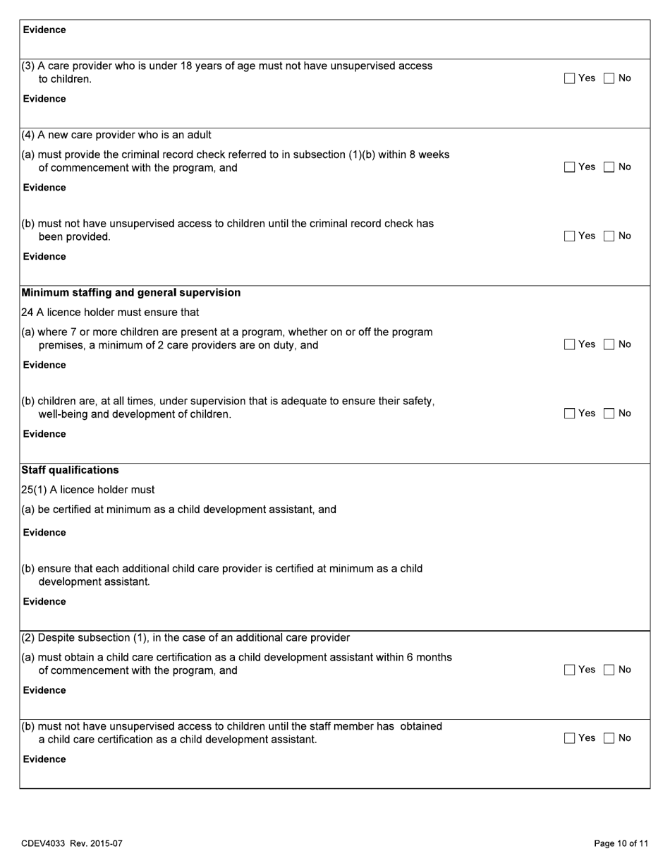 Form CDEV4033 Group Family Child Care Inspection Report (Schedule 2 of the Child Care Licensing Regulation) - Alberta, Canada, Page 10