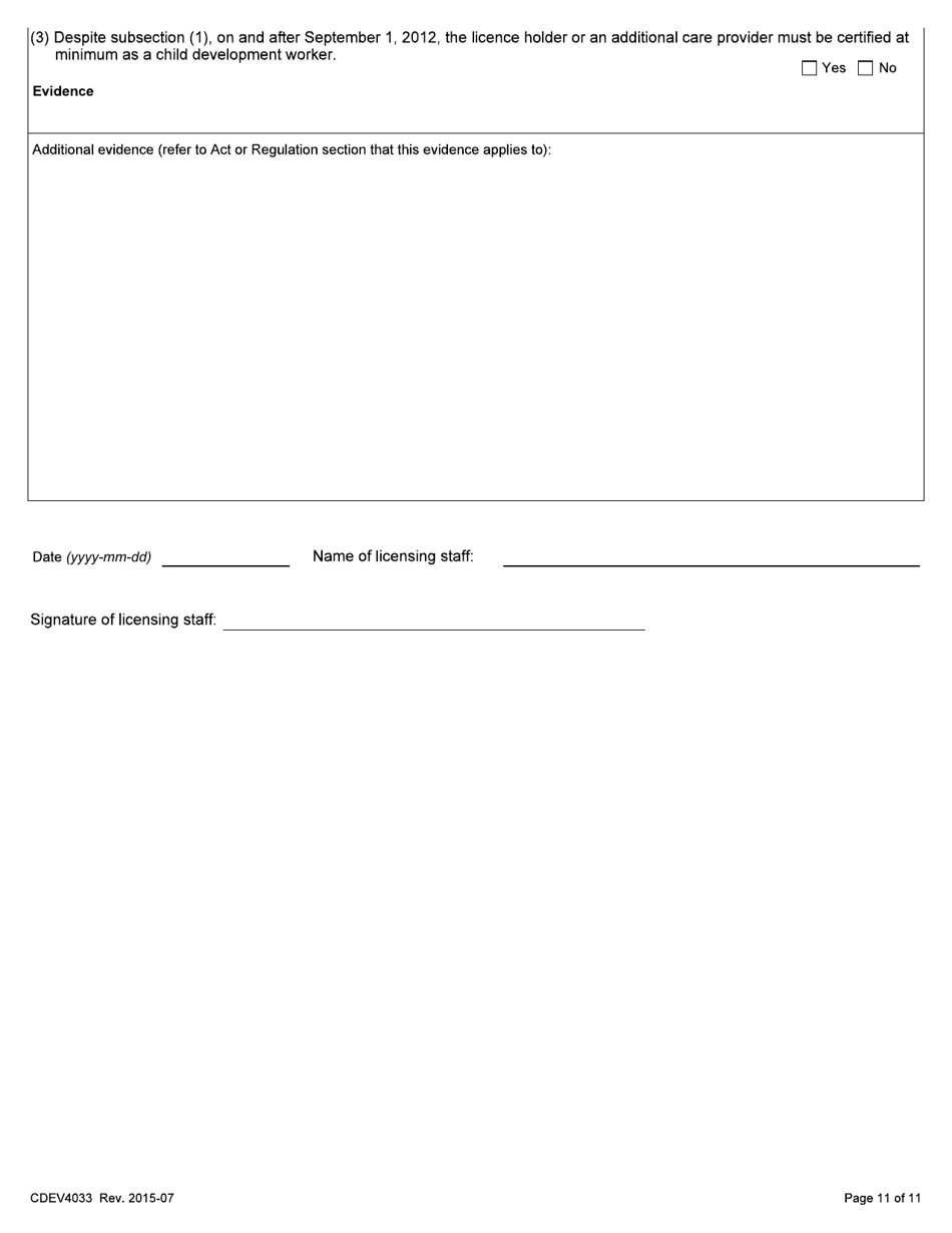 Form CDEV4033 Group Family Child Care Inspection Report (Schedule 2 of the Child Care Licensing Regulation) - Alberta, Canada, Page 11