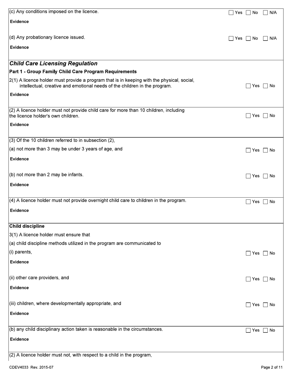 Form CDEV4033 Group Family Child Care Inspection Report (Schedule 2 of the Child Care Licensing Regulation) - Alberta, Canada, Page 2