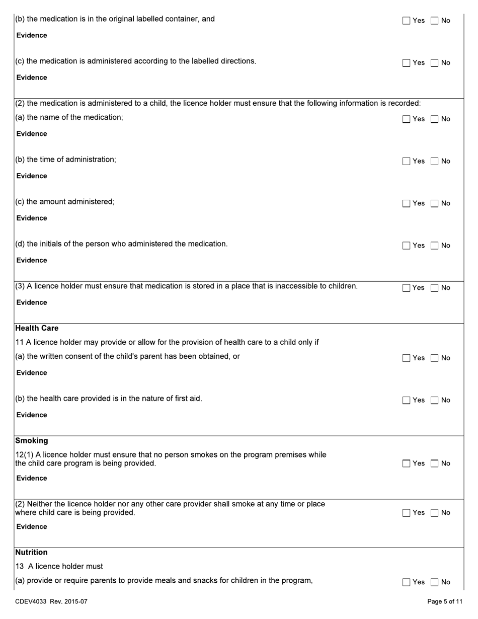 Form CDEV4033 Group Family Child Care Inspection Report (Schedule 2 of the Child Care Licensing Regulation) - Alberta, Canada, Page 5