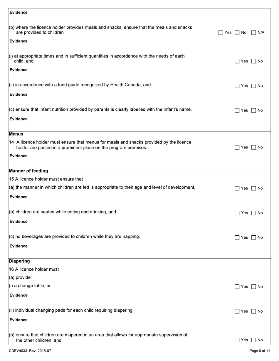 Form CDEV4033 Group Family Child Care Inspection Report (Schedule 2 of the Child Care Licensing Regulation) - Alberta, Canada, Page 6