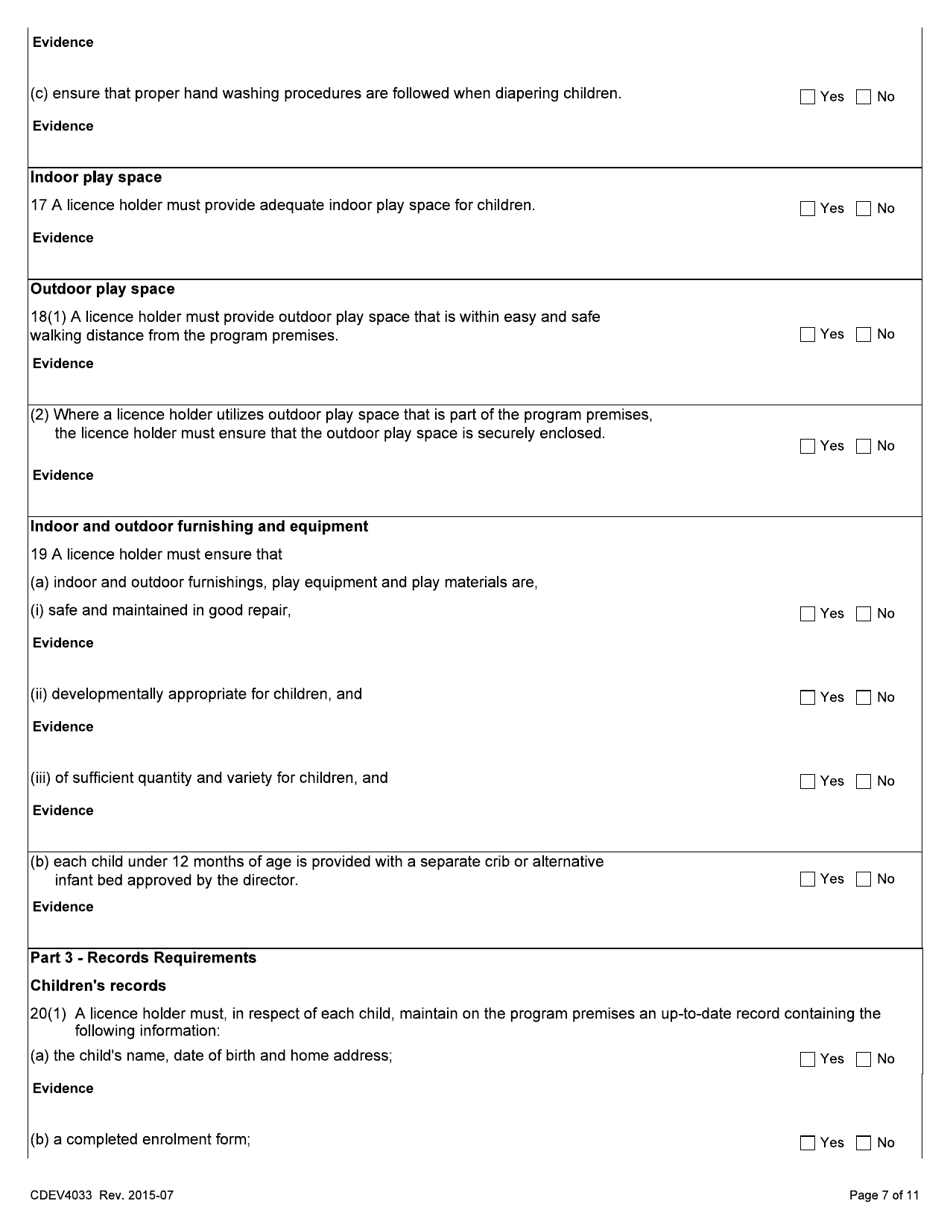 Form CDEV4033 Group Family Child Care Inspection Report (Schedule 2 of the Child Care Licensing Regulation) - Alberta, Canada, Page 7