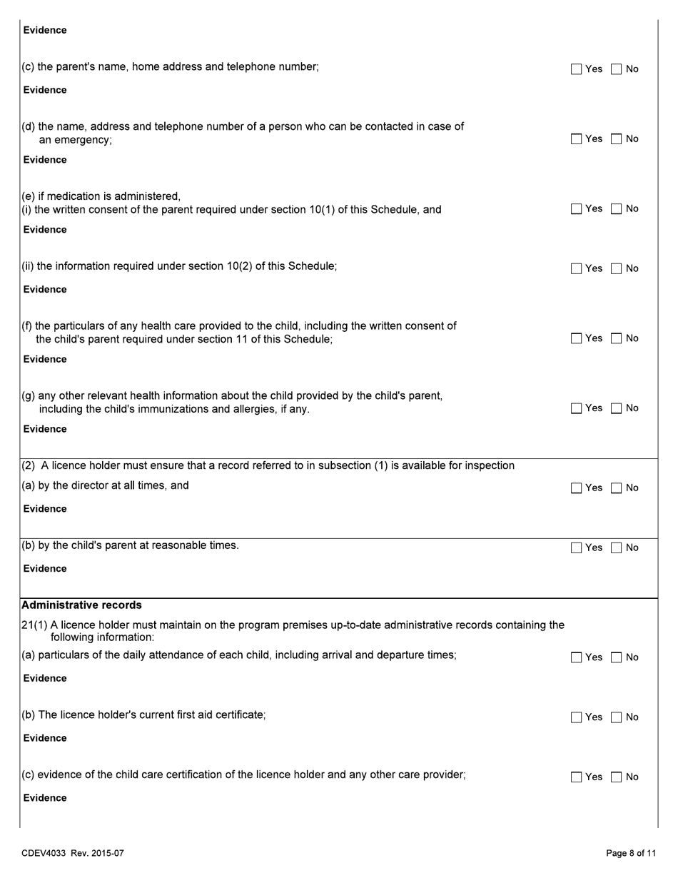 Form CDEV4033 Group Family Child Care Inspection Report (Schedule 2 of the Child Care Licensing Regulation) - Alberta, Canada, Page 8
