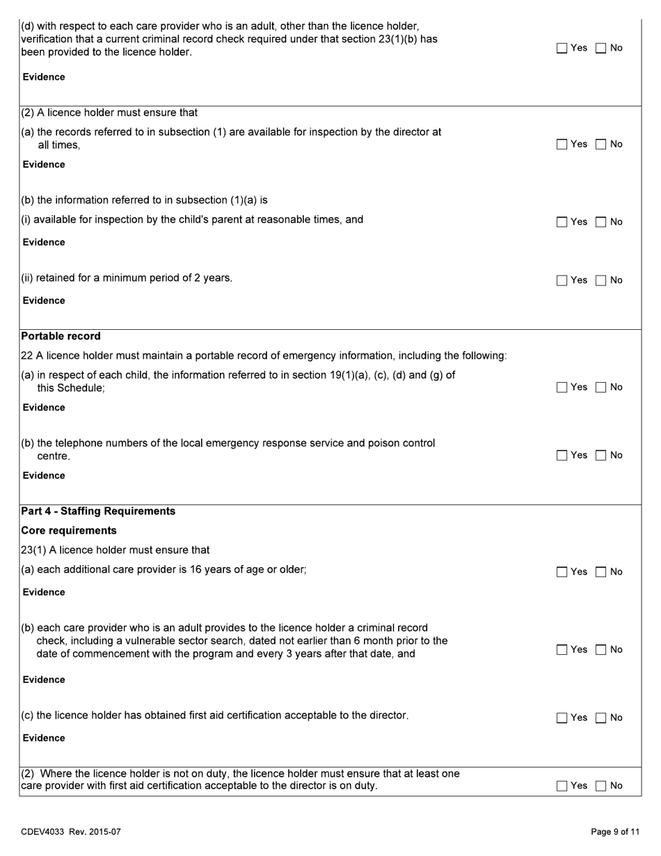 Form CDEV4033 Group Family Child Care Inspection Report (Schedule 2 of the Child Care Licensing Regulation) - Alberta, Canada, Page 9