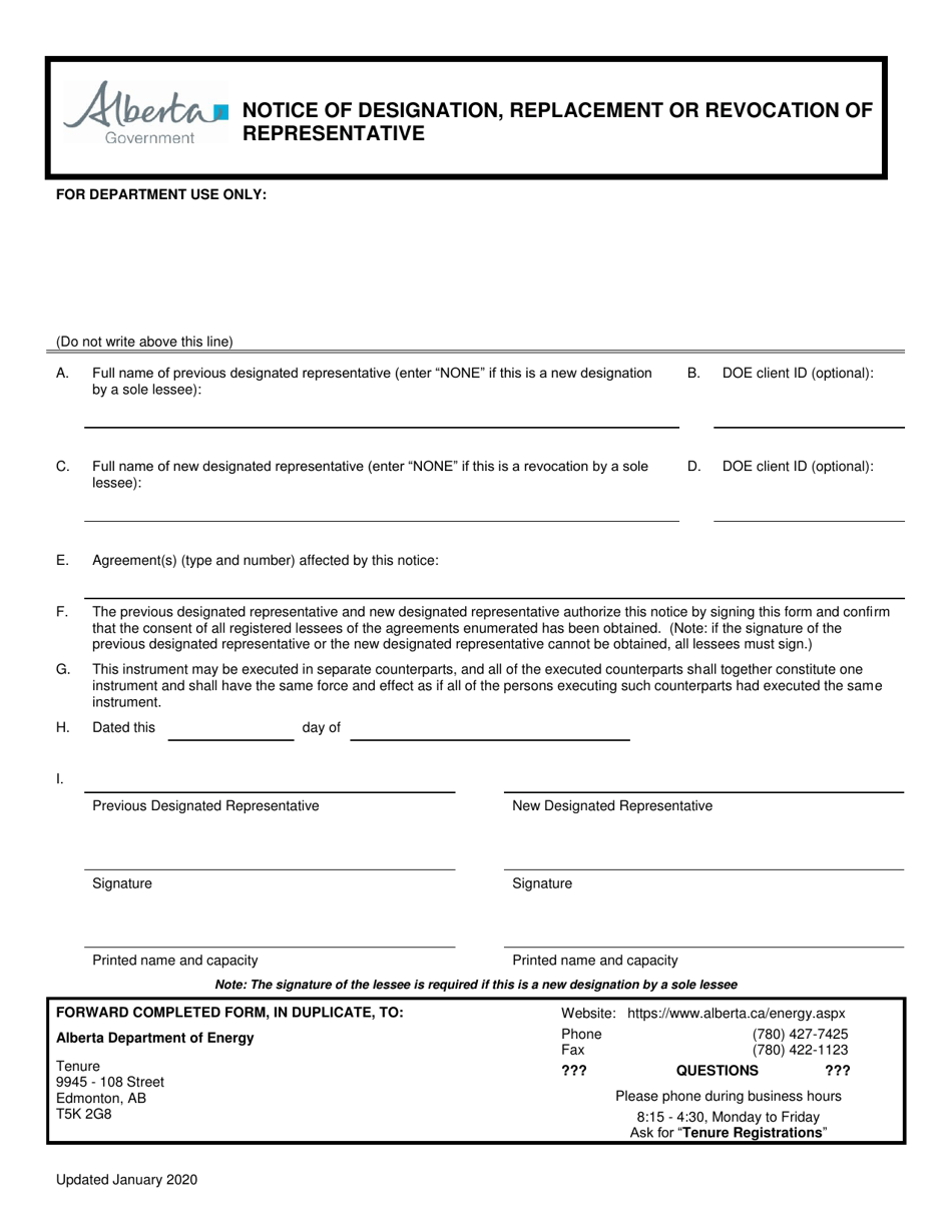 Notice of Designation, Replacement or Revocation of Representative - Alberta, Canada, Page 1