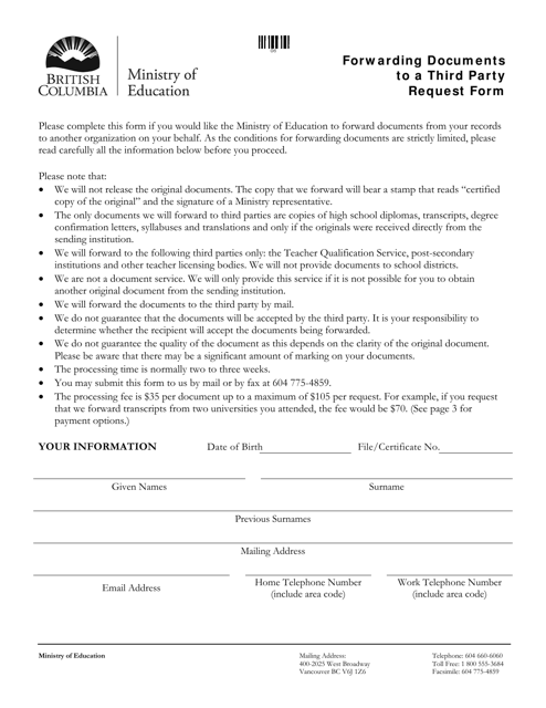 Forwarding Documents to a Third Party Request Form - British Columbia, Canada Download Pdf