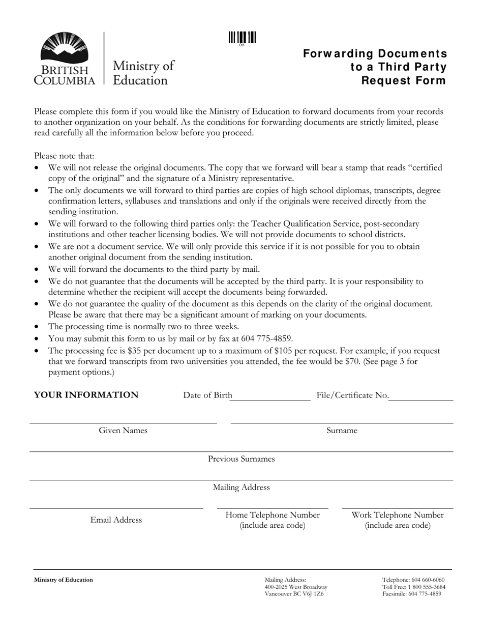 Forwarding Documents to a Third Party Request Form - British Columbia, Canada, Page 1