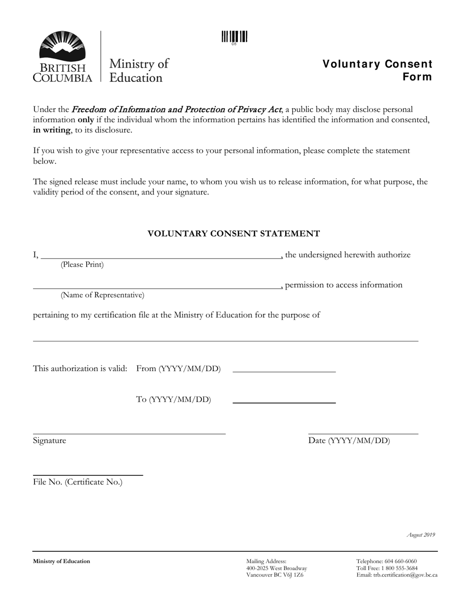 Voluntary Consent Form - British Columbia, Canada, Page 1