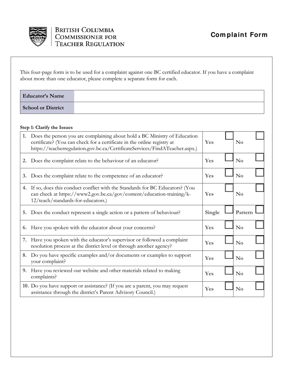Teacher Complaint Form - British Columbia, Canada, Page 1