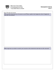 Teacher Complaint Form - British Columbia, Canada, Page 2