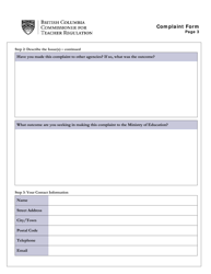 Teacher Complaint Form - British Columbia, Canada, Page 3