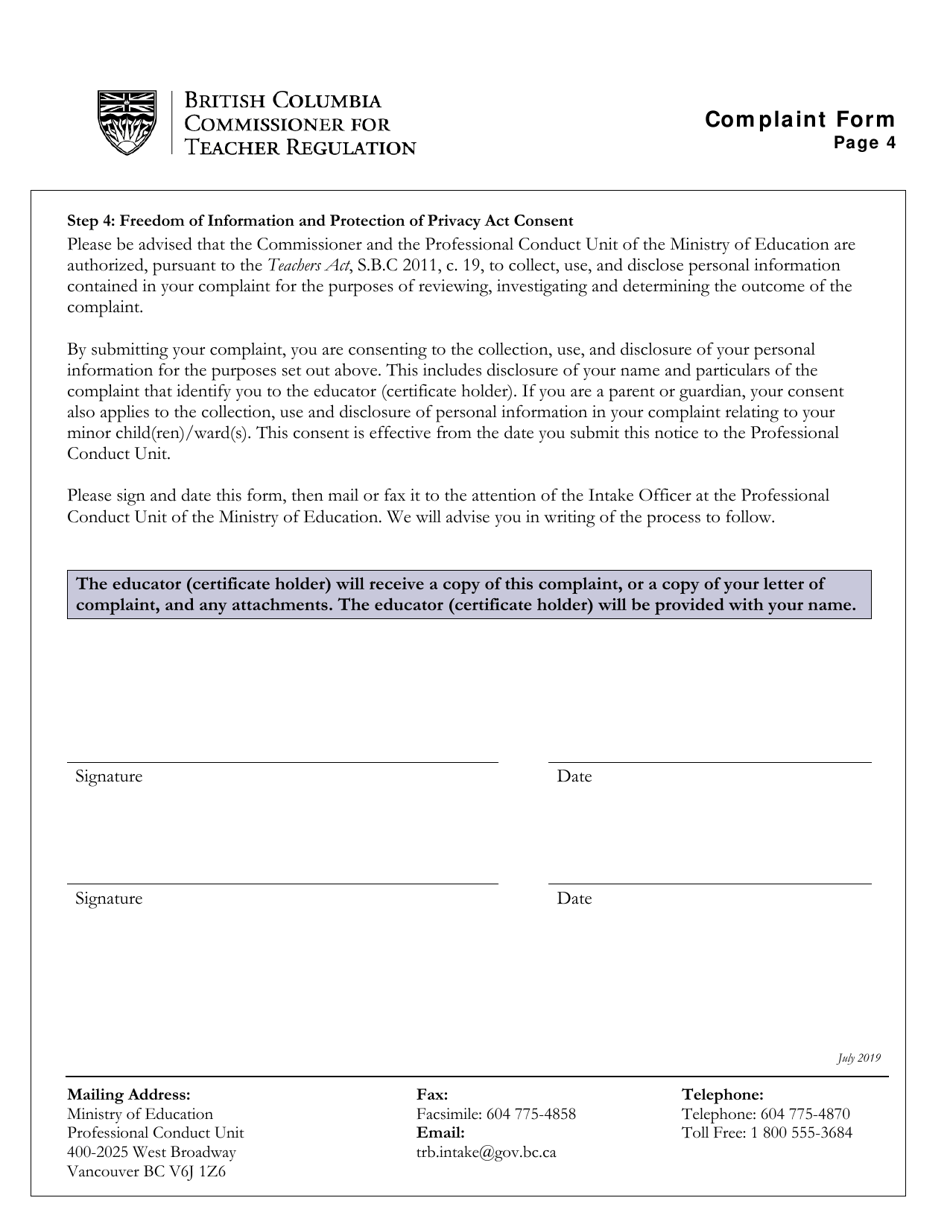 Teacher Complaint Form - British Columbia, Canada, Page 4