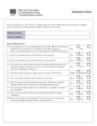 Document preview: Teacher Complaint Form - British Columbia, Canada