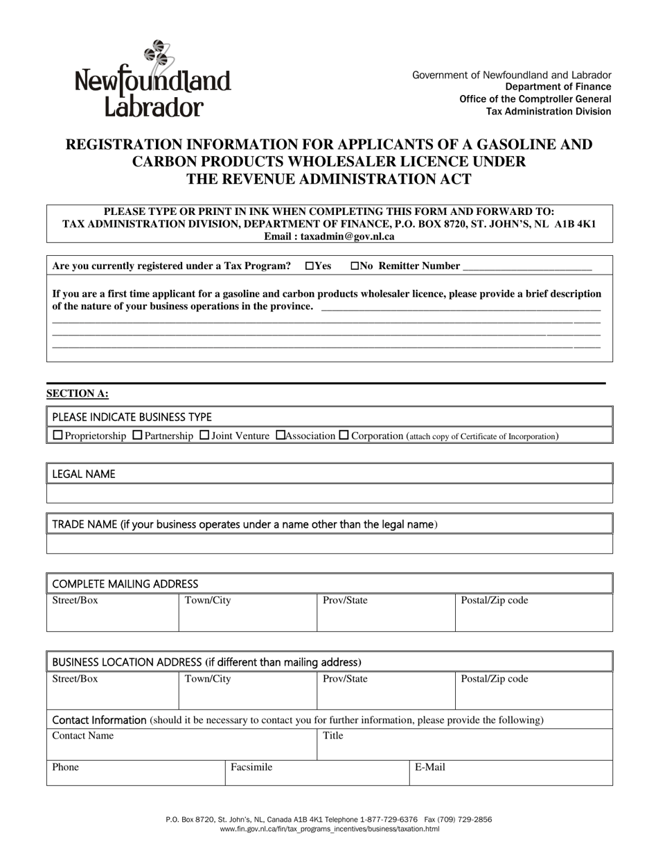 Registration Information for Applicants of a Gasoline and Carbon Products Wholesaler Licence Under the Revenue Administration Act - Newfoundland and Labrador, Canada, Page 1