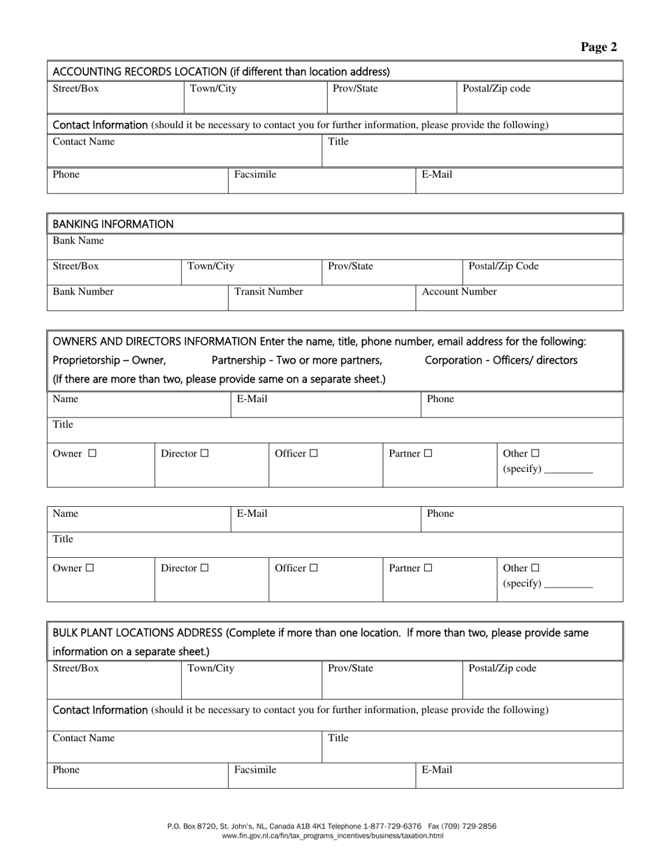 Registration Information for Applicants of a Gasoline and Carbon Products Wholesaler Licence Under the Revenue Administration Act - Newfoundland and Labrador, Canada, Page 2