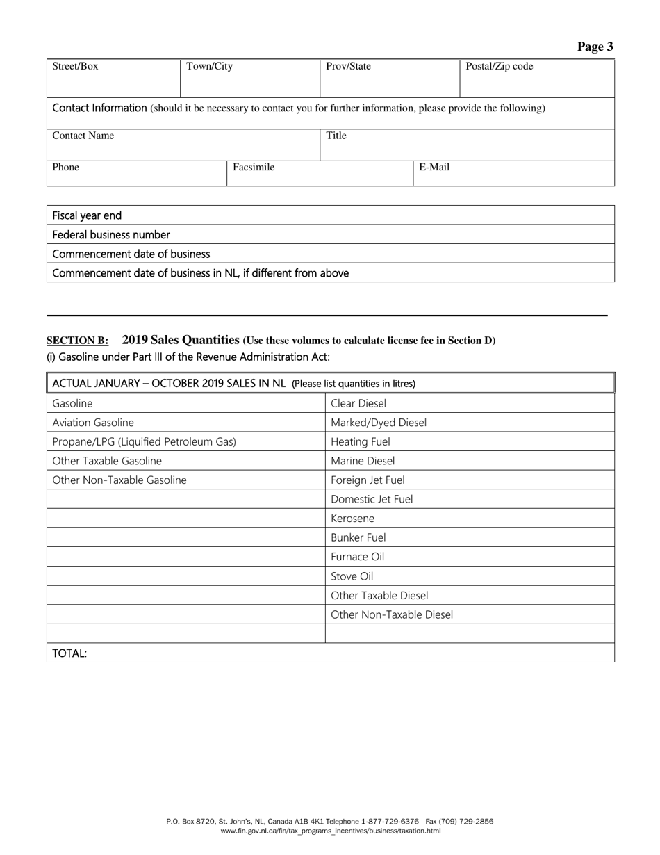 Registration Information for Applicants of a Gasoline and Carbon Products Wholesaler Licence Under the Revenue Administration Act - Newfoundland and Labrador, Canada, Page 3