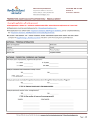 Document preview: Form MDD-MIP-PA-RGA Prospectors Assistance Application Form - Regular Grant - Newfoundland and Labrador, Canada