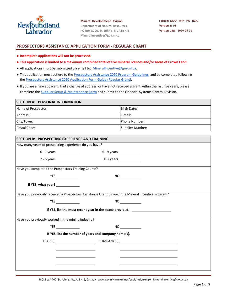Form MDD-MIP-PA-RGA Prospectors Assistance Application Form - Regular Grant - Newfoundland and Labrador, Canada, Page 1