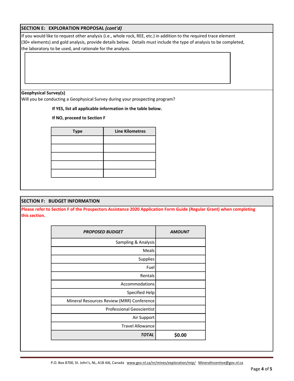 Form MDD-MIP-PA-RGA Prospectors Assistance Application Form - Regular Grant - Newfoundland and Labrador, Canada, Page 4