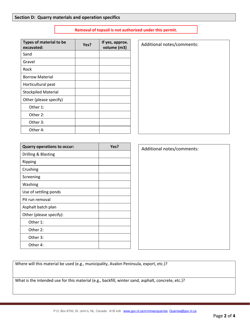 Form MLD-Q-SQP-A Subordinate Quarry Permit Application - Newfoundland and Labrador, Canada, Page 2