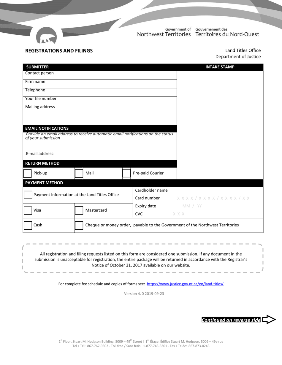 Registrations and Filings Form - Northwest Territories, Canada, Page 1