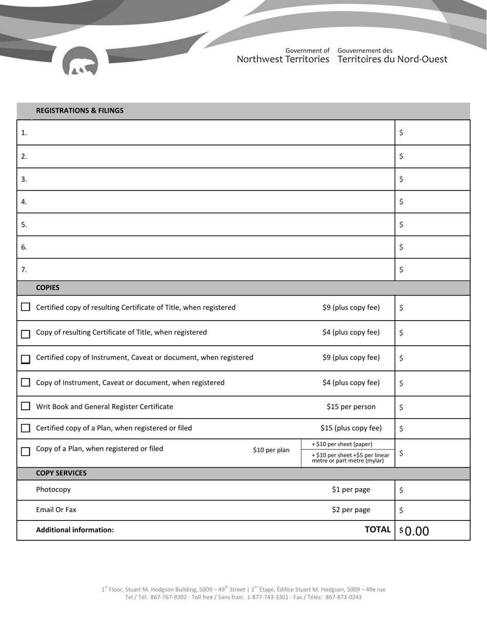 Registrations and Filings Form - Northwest Territories, Canada, Page 2