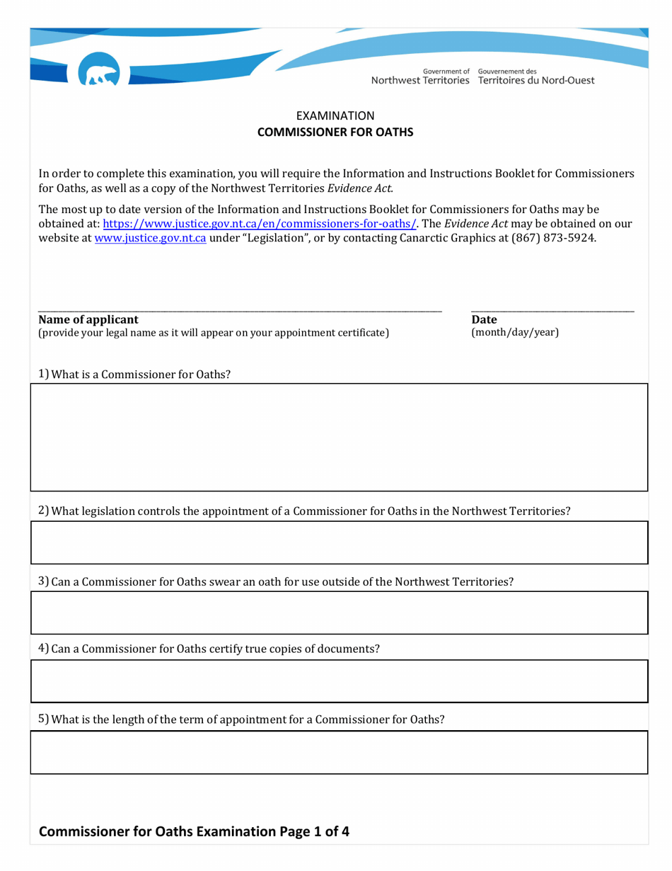 Examination for Appointment or Renewal as a Commissioner for Oaths - Northwest Territories, Canada, Page 1