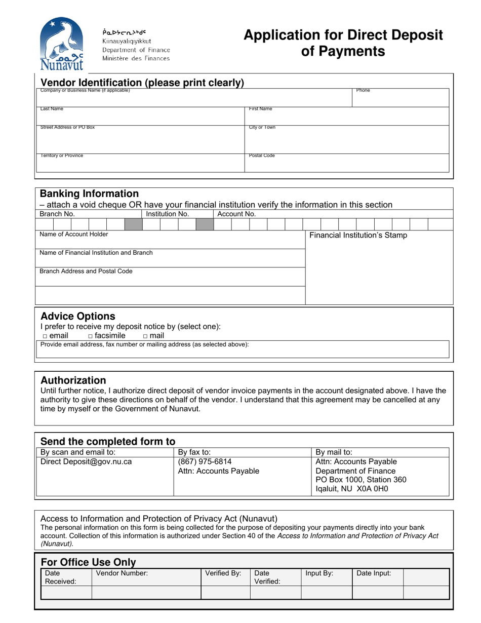 Nunavut Canada Application for Direct Deposit of Payments Fill Out