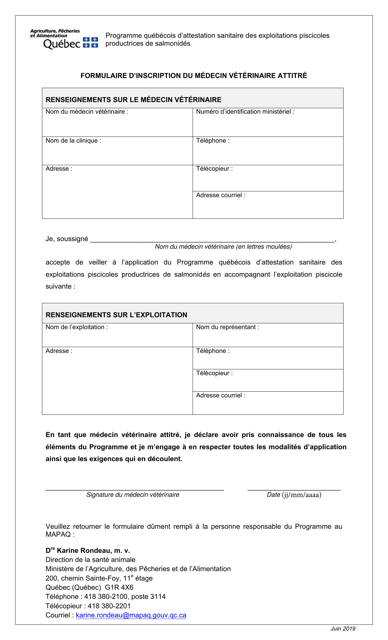 Formulaire D'inscription Du Medecin Veterinaire Attitre - Quebec, Canada (French) Download Pdf