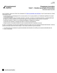 Document preview: Forme F-0064 Partie 1 Formulaire De Demande D'aide Financiere - Programme Innovation - Soutien Aux Projets D'innovation - Quebec, Canada (French)