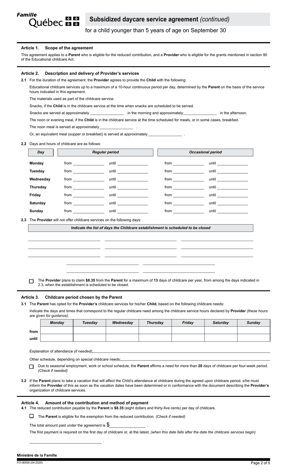 Form FO-0659A Subsidized Daycare Service Agreement - Quebec, Canada, Page 2