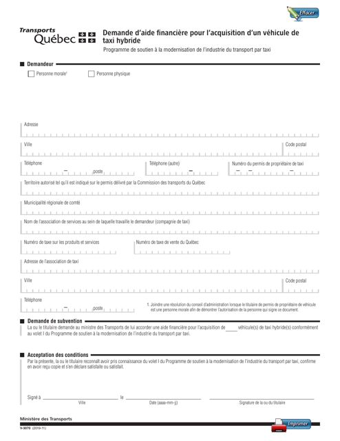 Forme V-3070 Demande D'aide Financiere Pour L'acquisition D'un Vehicule De Taxi Hybride - Quebec, Canada (French)