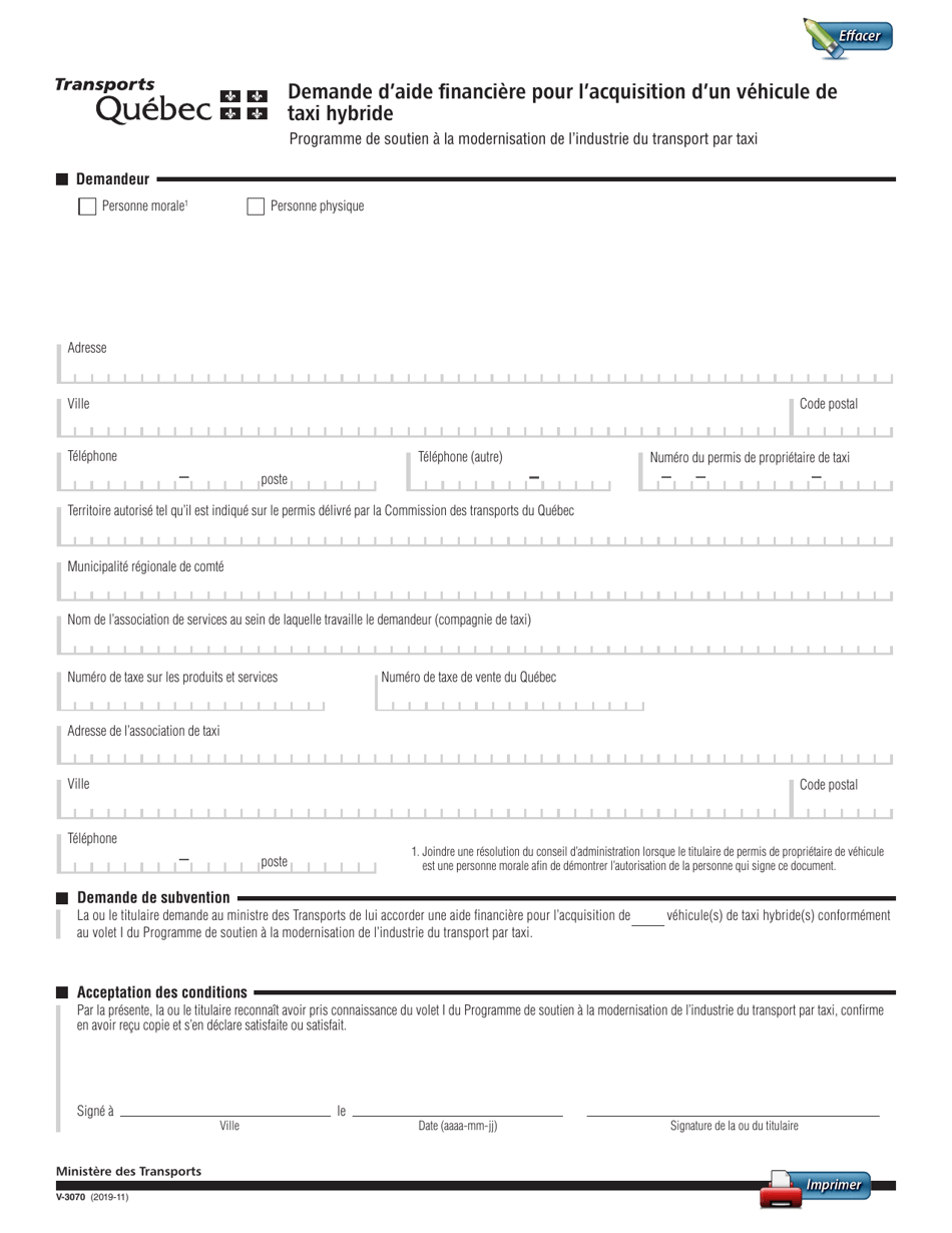Forme V-3070 Demande Daide Financiere Pour Lacquisition Dun Vehicule De Taxi Hybride - Quebec, Canada (French), Page 1