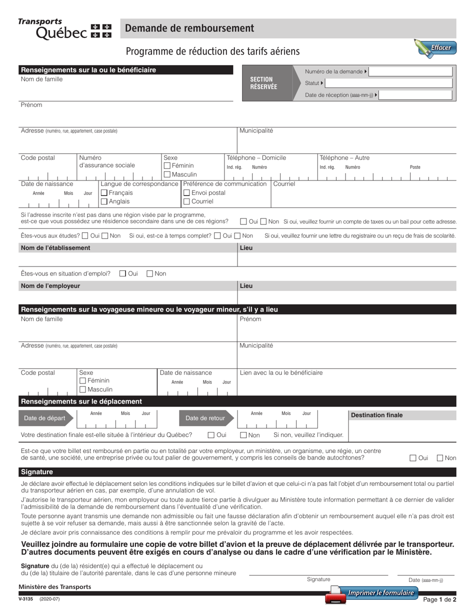 Forme V-3135 Formulaire De Demande De Remboursement - Quebec, Canada (French), Page 1