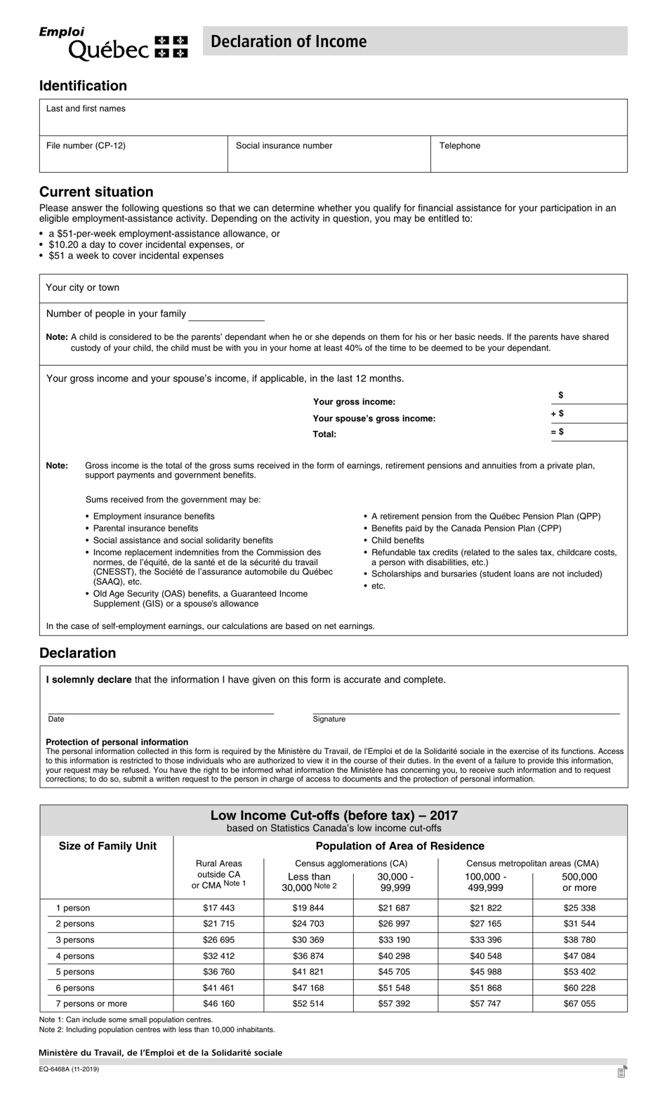 Form EQ-6468A Declaration of Income - Quebec, Canada, Page 1