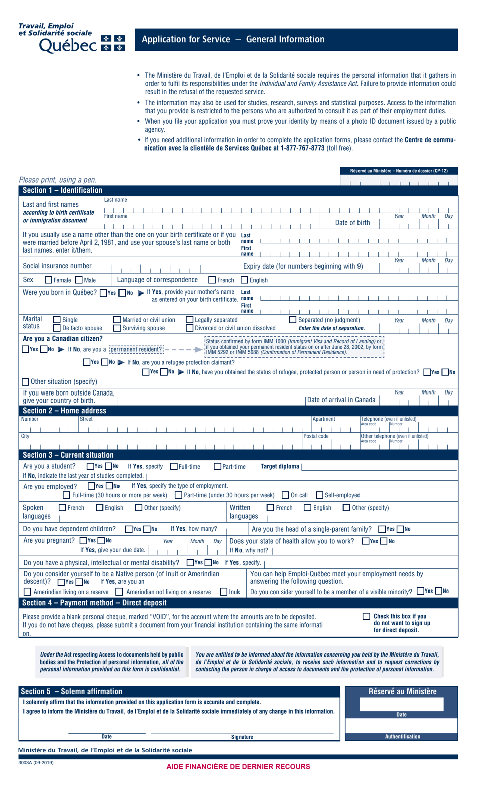 Form 3003A Application for Services - General Information - Quebec, Canada, Page 2