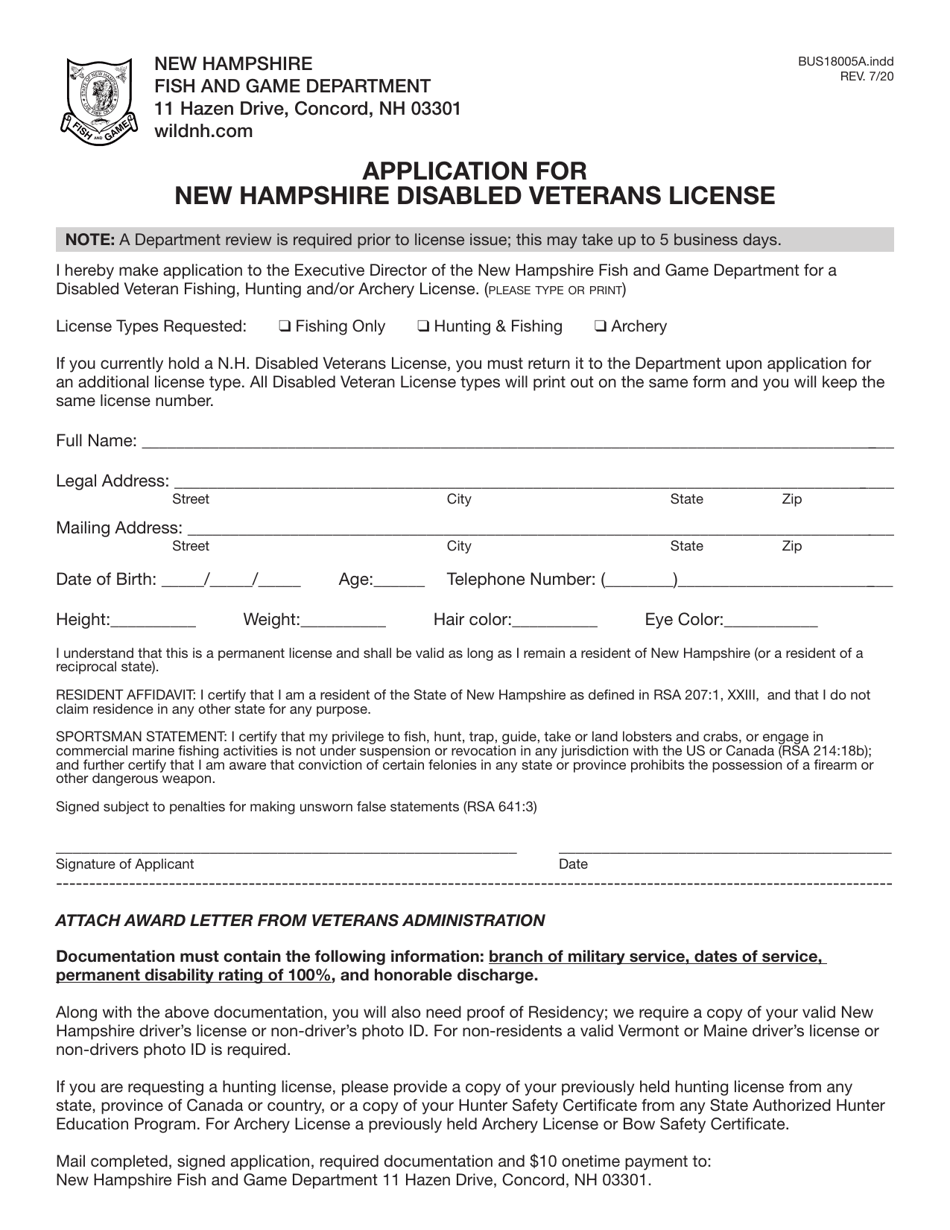 Form BUS18005A Application for New Hampshire Disabled Veterans License - New Hampshire, Page 3