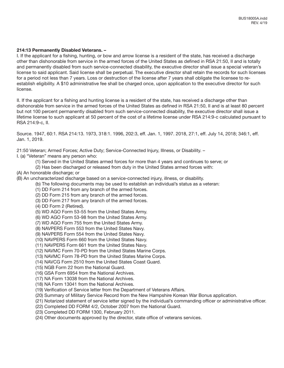 Form BUS18005A Application for New Hampshire Disabled Veterans License - New Hampshire, Page 4