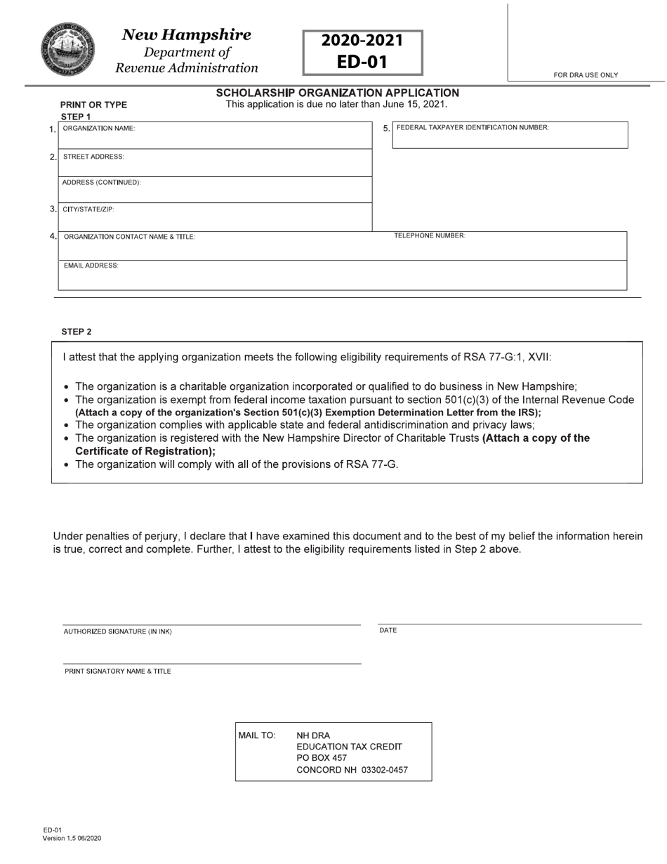 Form ED-01 Scholarship Organization Application - New Hampshire, Page 1