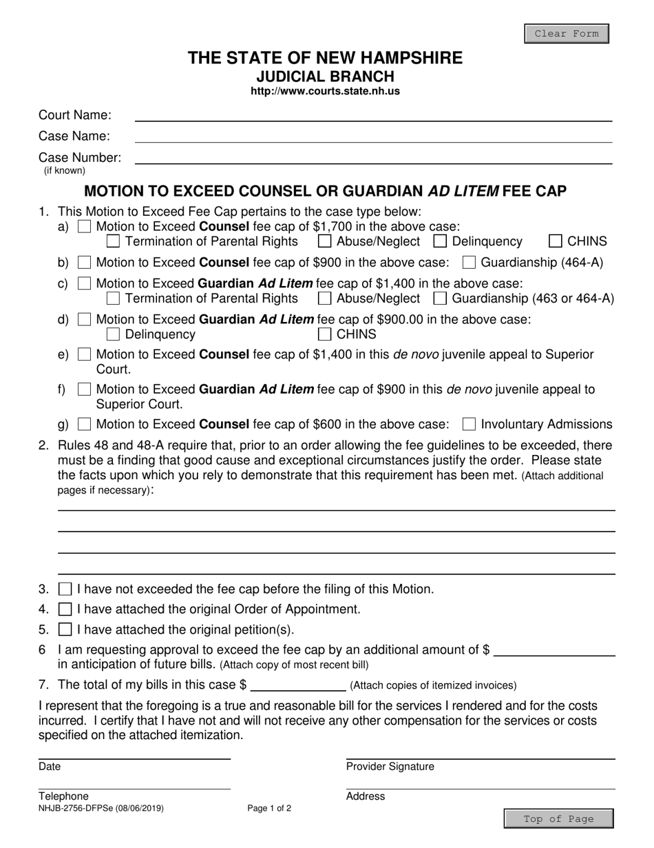 Form NHJB-2756-DFPSE Motion to Exceed Counsel or Guardian Ad Litem Fee Cap - New Hampshire, Page 1
