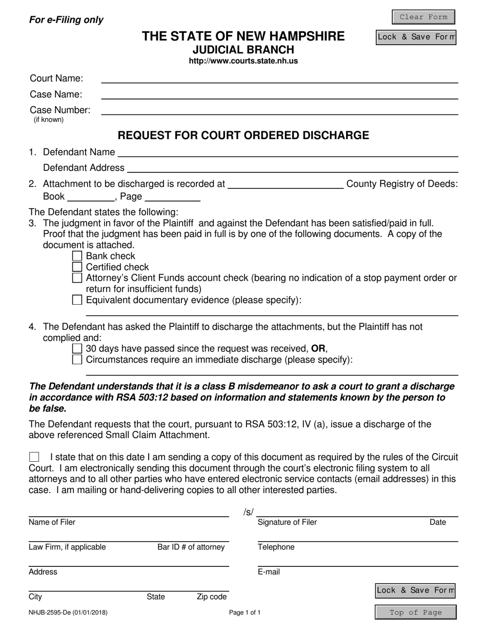 Form NHJB-2595-DE Request for Court Ordered Discharge - New Hampshire, Page 1