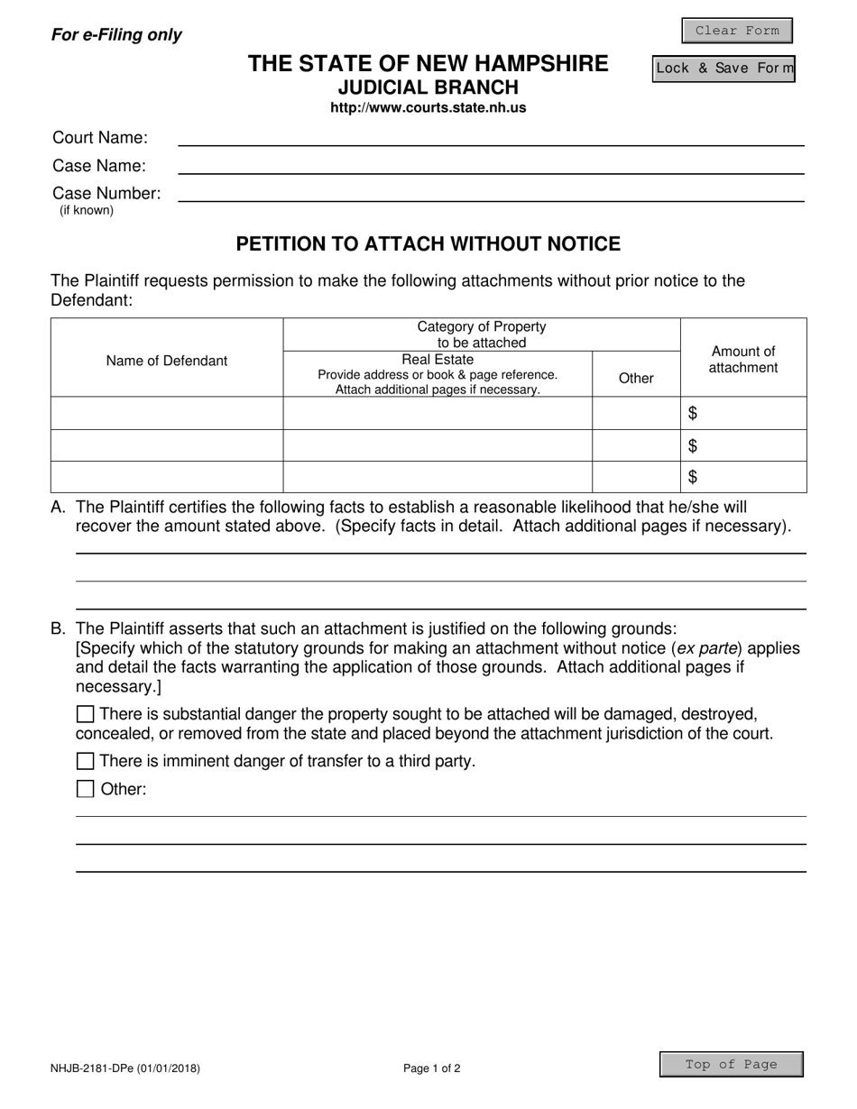 Form NHJB-2181-DPE Petition to Attach Without Notice - New Hampshire, Page 1