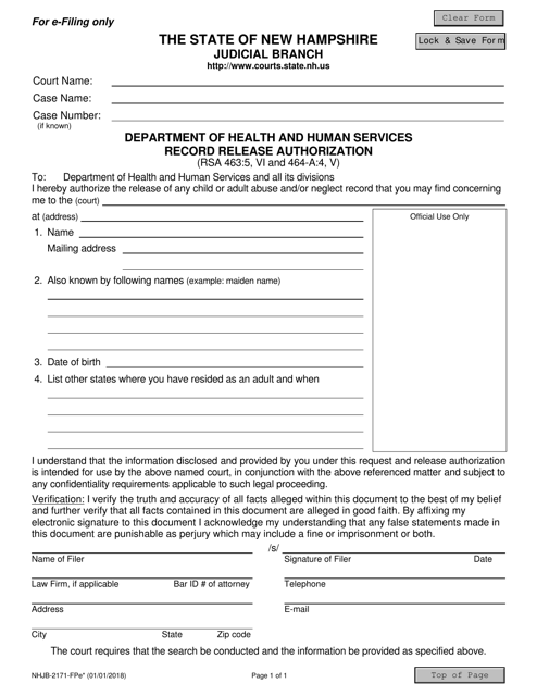 Form NHJB-2171-FPE Department of Health and Human Services Record Release Authorization - New Hampshire